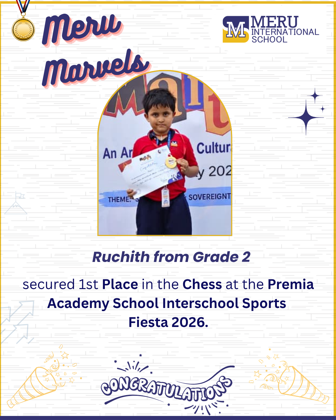 We applaud the remarkable achievement of Ruchith from Grade 2 for securing First Place in the Chess Championship at the Premia Academy School Interschool Sports Fiesta 2026.

