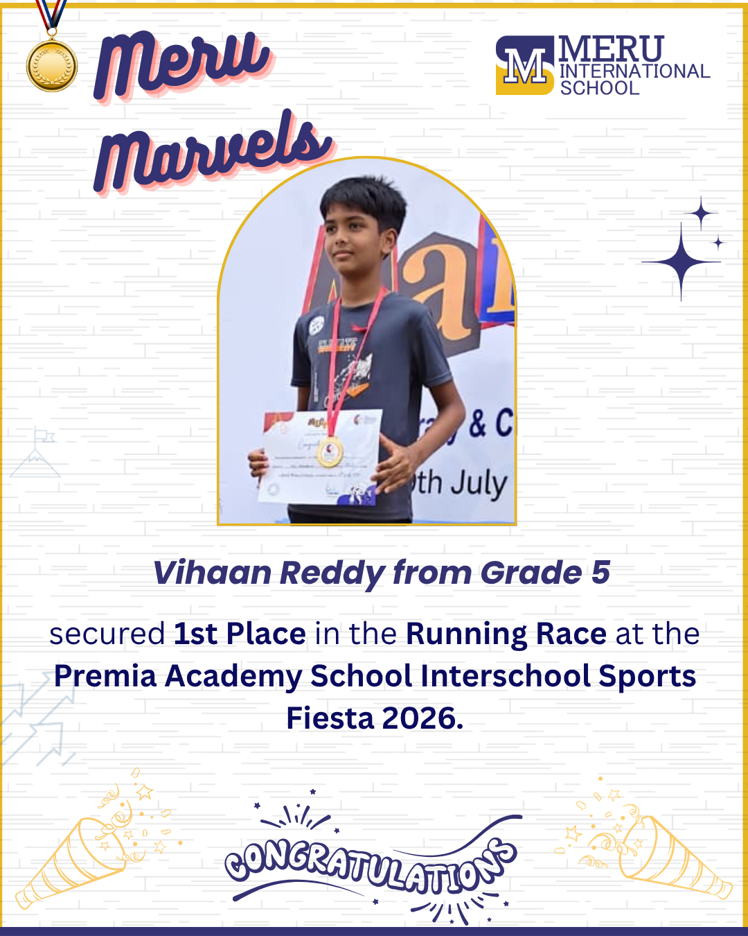 Celebrating the outstanding achievement of Vihaan Reddy (Grade 5), who secured First Place in the Running Race at the Premia Academy School Interschool Sports Fiesta 2026. 


