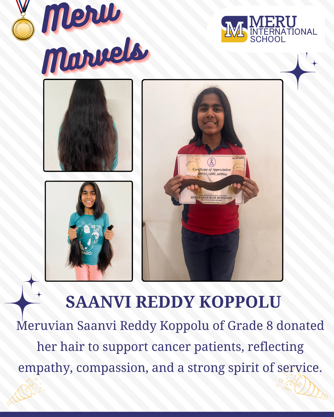 Grade 8 student Saanvi Reddy Koppolu donating her hair to support cancer patients, symbolising empathy and compassion.