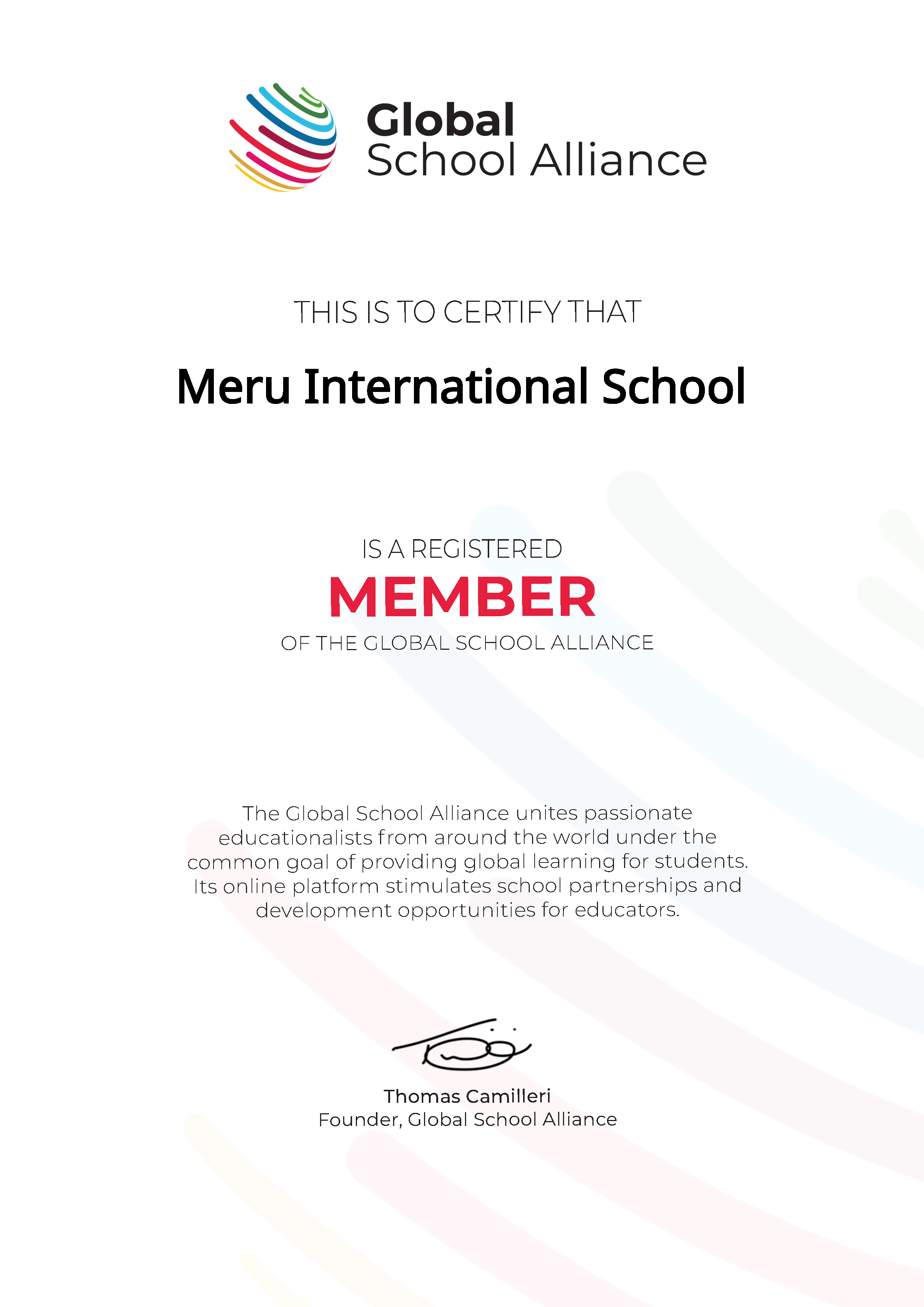Meru International School Global School Alliance membership certificate
