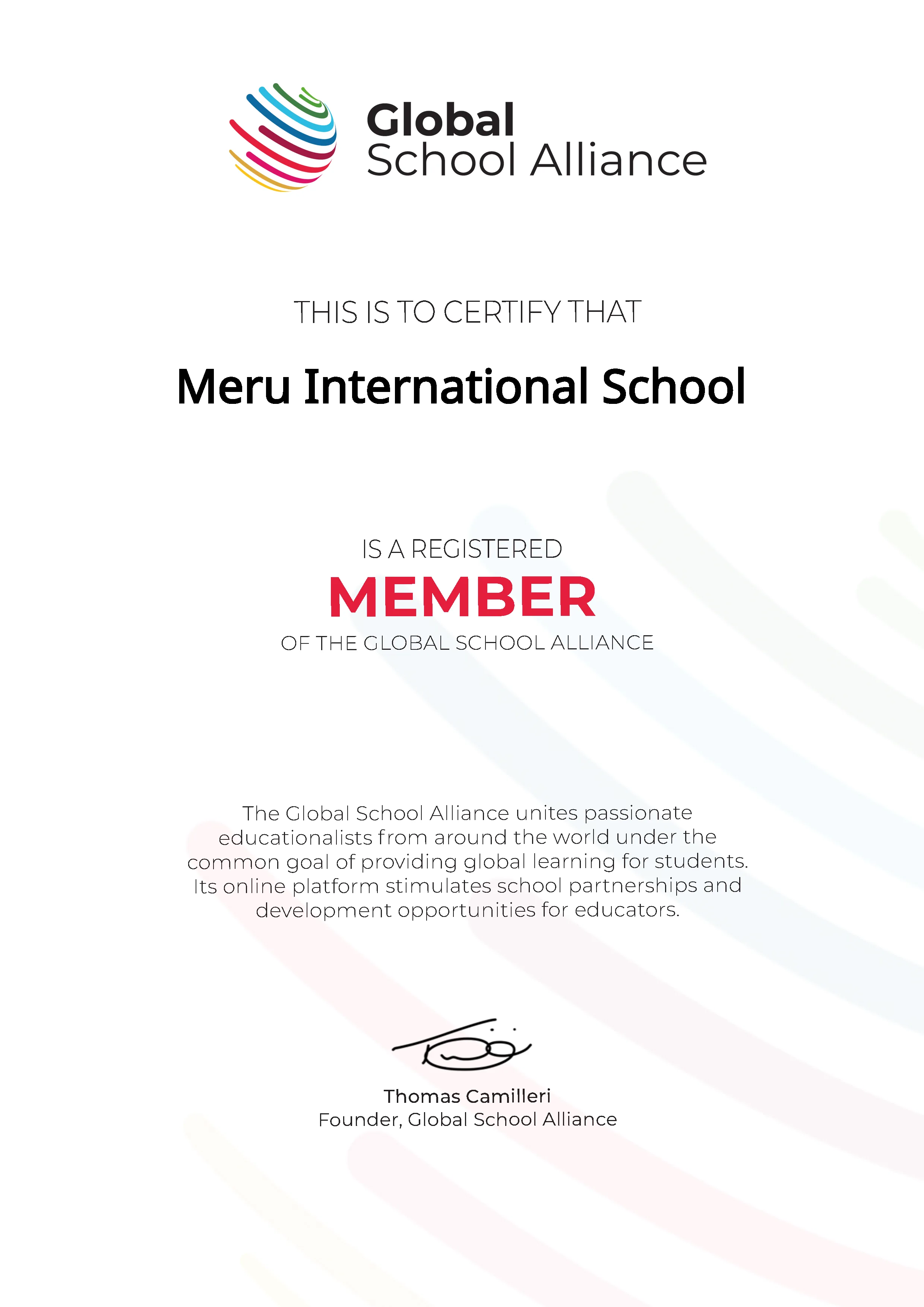 Meru International School Global School Alliance membership certificate