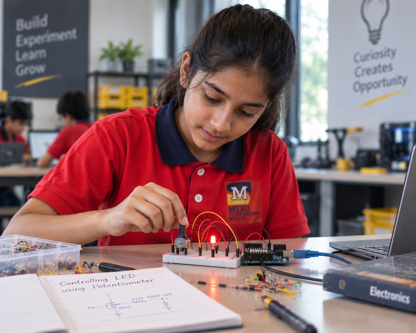 Students exploring robotics at Meru