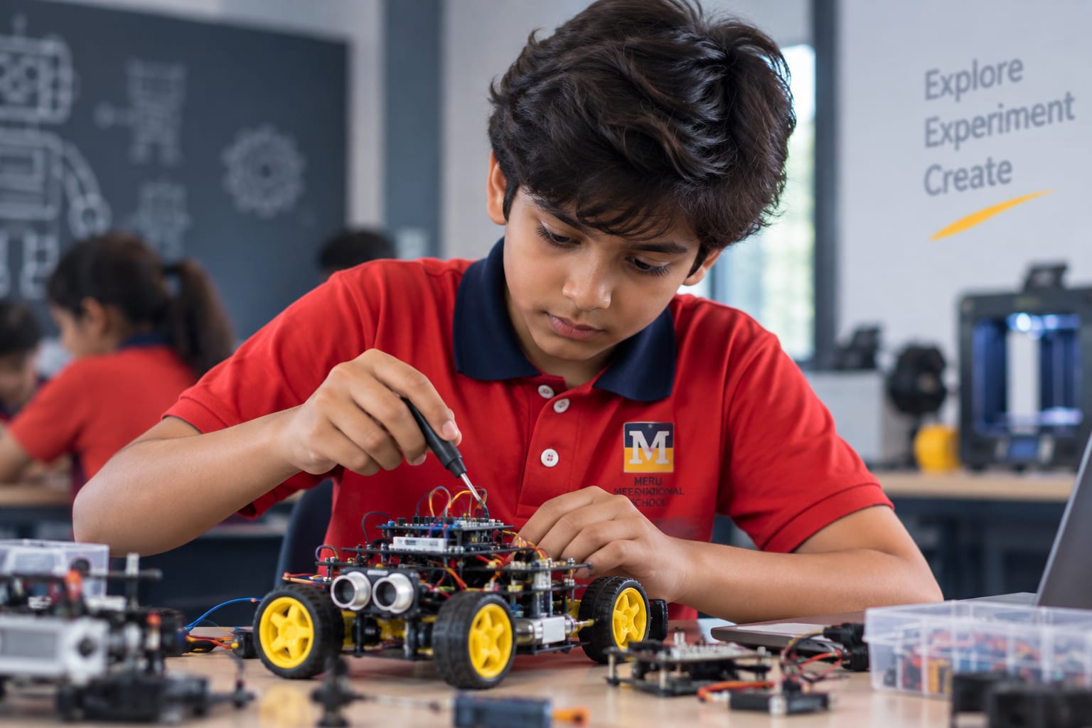 Student building and controlling a robotics project